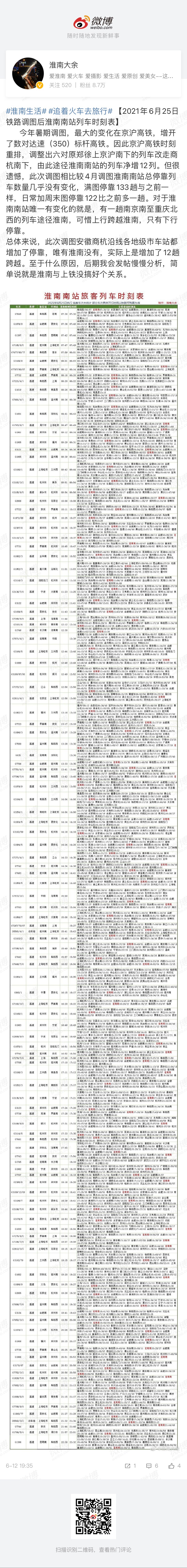 【2021年6月25日铁路调图后淮南三站列车时刻表